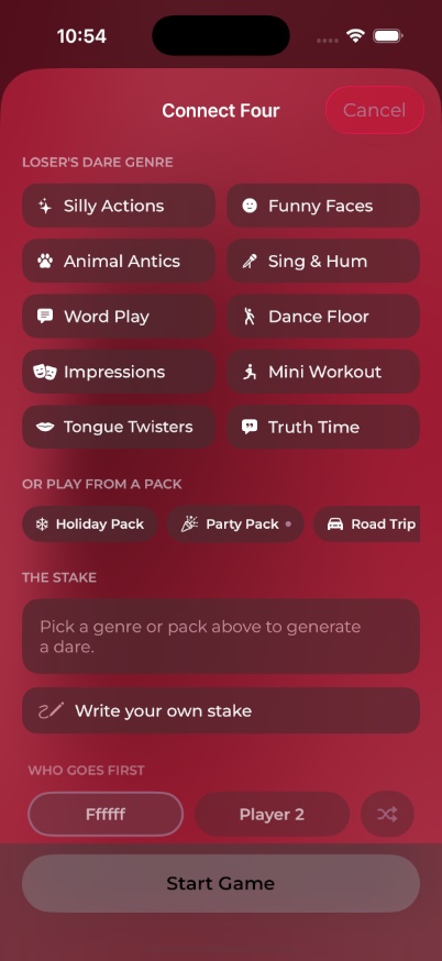 RiskIt dare setup: choose a dare genre or themed pack, or write your own stake, then start the game.