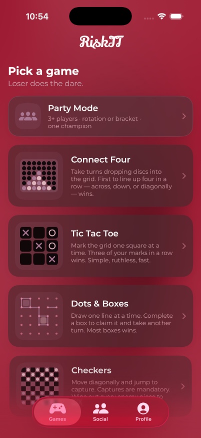 RiskIt game picker: Pick a game — Party Mode, Connect Four, Tic Tac Toe, Dots & Boxes, and Checkers.