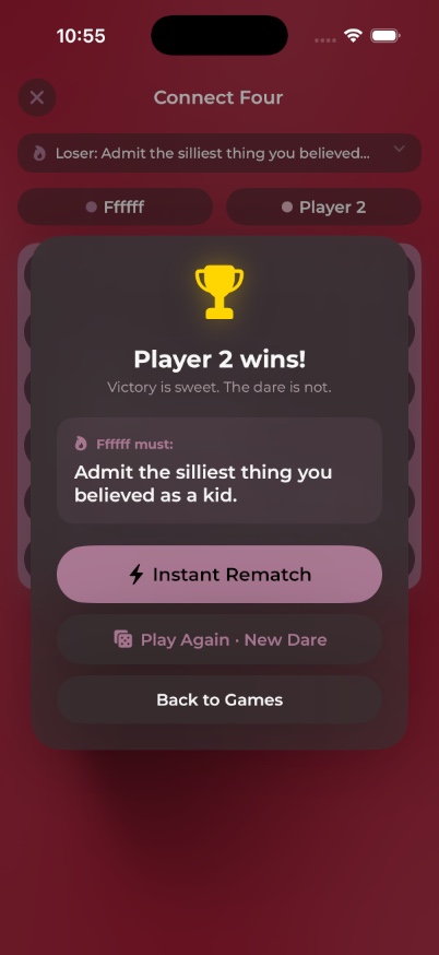 RiskIt win screen: Player 2 wins — Ffffff must admit the silliest thing they believed as a kid.